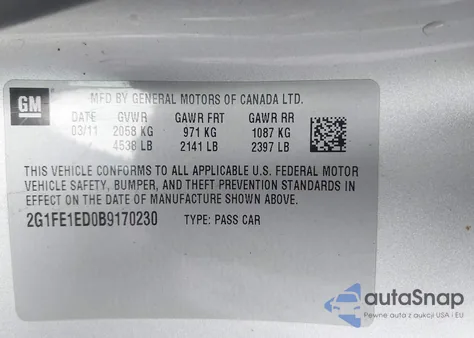 2011 Chevrolet Camaro 1Ls z USA, uszkodzony, nr VIN 2G1FE1ED0B9170230